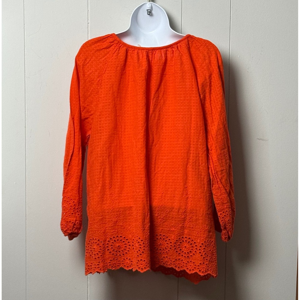 Soft Surroundings Women's Orange Eyelet Cotton Top Split Neck Long Sleeve Sz PXL - Picture 2 of 9